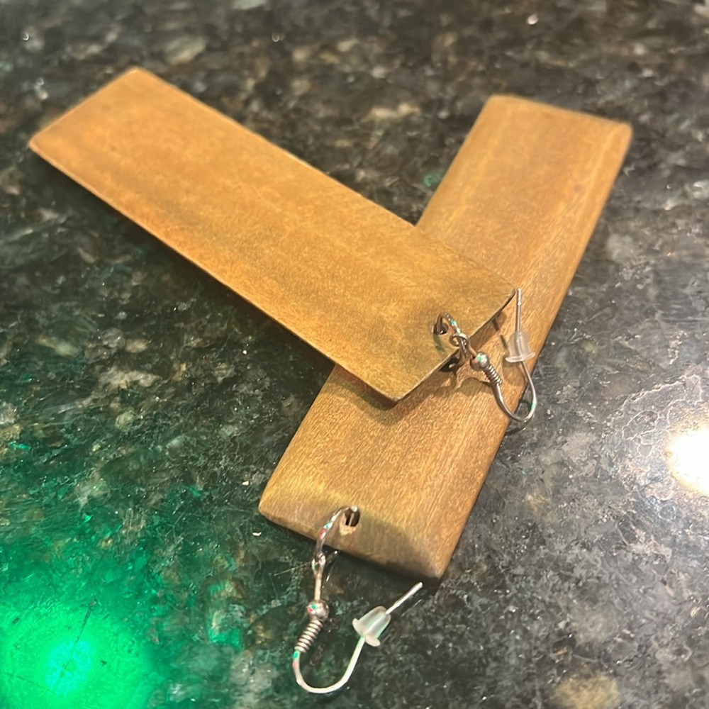 Vintage Long Rectangle Wood Dangle Earrings